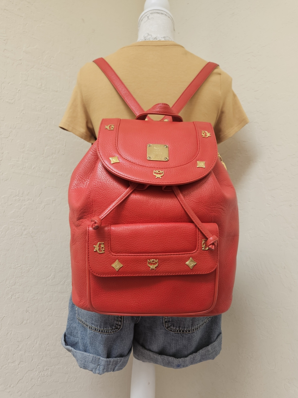 MCM Red Leather Vintage Medium Backpack AUTHENTIC